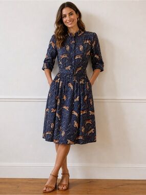 PALAVA Cynthia Navy Tiger Print Shirt Dress Button Front Belted Size 4 Novelty